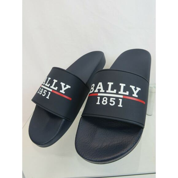 NIB BALLY SAMUEL INK NAVY RUBBER WHITE LETTERING LOGO SANDALS SLIDES 9 D ITALY main image 4